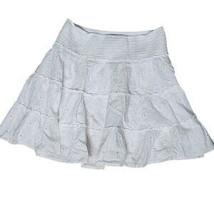 American Eagle Mini Eyelet Skirt S White Cotton Linen Tiered Smocked Pull On Y2K